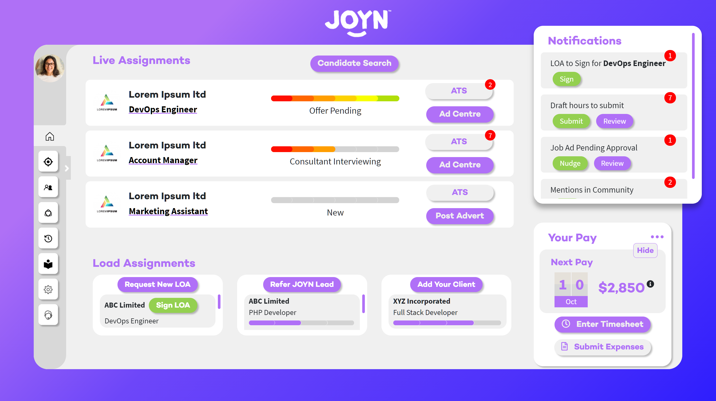 A screenshot of the JOYN consultant dashboard’s main page, making staff recruitment easier